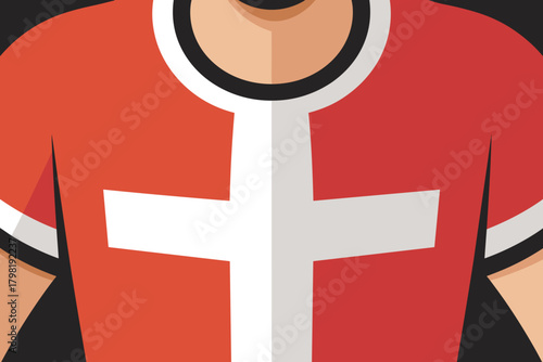 Cheerful Fan Wearing Swiss Flag T-Shirt with Bold Red Background Celebrating National Pride