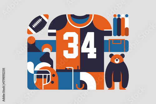 Energetic Sports-themed Illustration Featuring Football Jersey, Trophy, and Bear in Vibrant Orange and Blue Palette