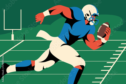 Dynamic Rugby Player Sprinting Towards Ball on Green Field Under Bright Stadium Lights