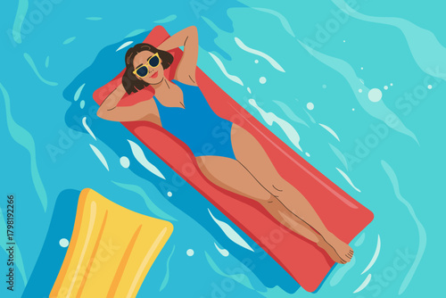 Relaxing Woman in Sunglasses Floating on a Bright Red Raft in a Serene Pool Setting