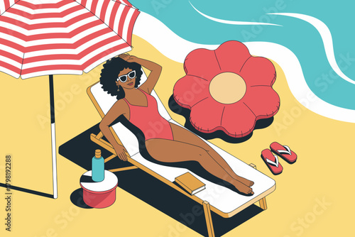 Sun-Kissed Woman Relaxing Under a Striped Umbrella on Vibrant Beach with Inflatable Flower