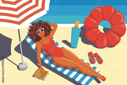 Sun-Kissed Woman Relaxing Under a Striped Umbrella on Vibrant Beach with Inflatable Flower