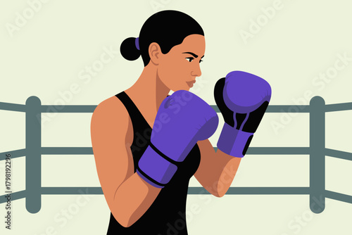 Determined Female Boxer in Purple Gloves Focused and Ready for Action in Soft Pastel Background