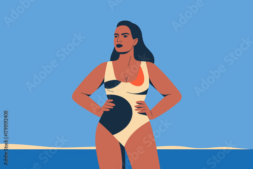 Confident Woman in Vibrant Swimsuit Posing at Sunny Beach with Clear Blue Sky