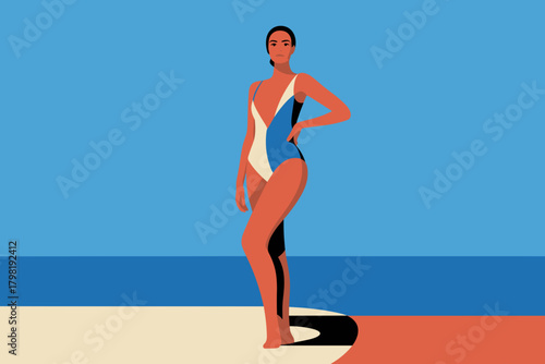 Confident Woman in Vibrant Swimsuit Posing at Sunny Beach with Clear Blue Sky