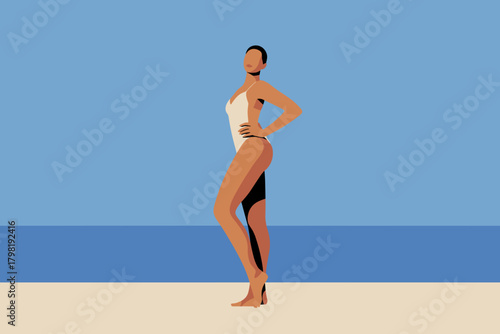 Confident Woman in Vibrant Swimsuit Posing at Sunny Beach with Clear Blue Sky