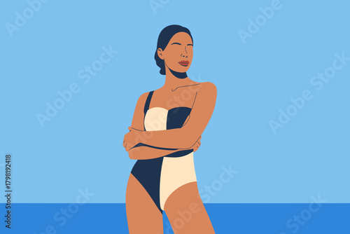 Confident Woman in Vibrant Swimsuit Posing at Sunny Beach with Clear Blue Sky