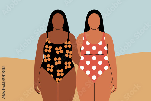 Celebratory Summer Beach Day with Two Confident Women in Colorful Swimsuits Smiling Under Clear Skies