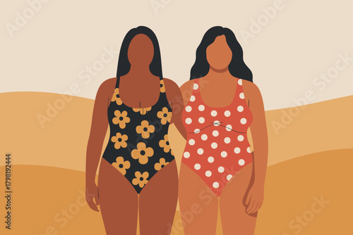 Celebratory Summer Beach Day with Two Confident Women in Colorful Swimsuits Smiling Under Clear Skies