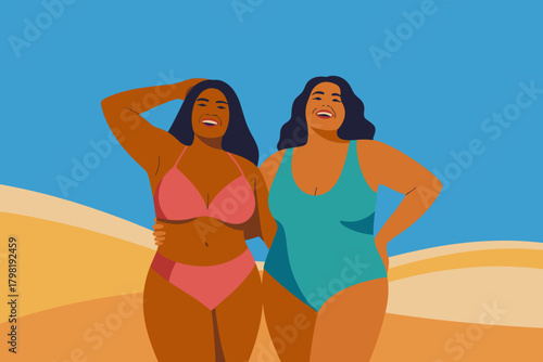 Empowering Summer Vibes: Confident Women in Vibrant Swimwear Posing by the Shoreline