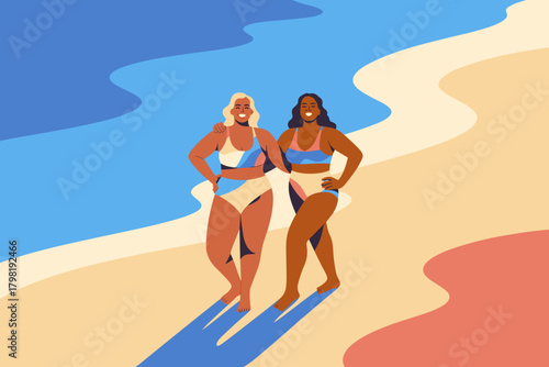 Empowering Summer Vibes: Confident Women in Vibrant Swimwear Posing by the Shoreline