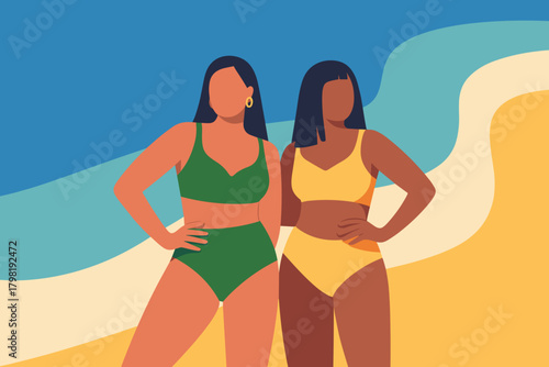 Empowering Summer Vibes: Confident Women in Vibrant Swimwear Posing by the Shoreline