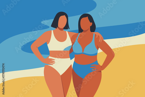 Empowering Summer Vibes: Confident Women in Vibrant Swimwear Posing by the Shoreline