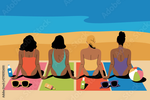 Sun-Kissed Friends Enjoying a Relaxing Day at the Beach in Vibrant Towels Under Clear Blue Skies