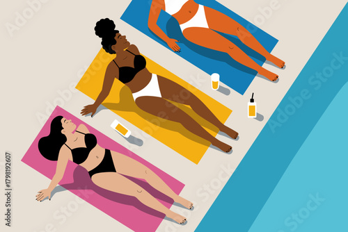 Relaxing Summer Poolside Sunbathing with Friends in Vibrant Swimwear and Refreshing Drinks