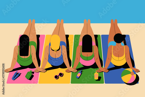 Quadro su tela Sun-Kissed Friends Enjoying a Relaxing Day at the Beach in Vibrant Towels Under