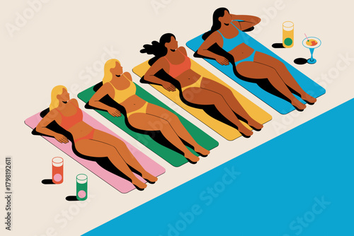 Relaxing Summer Poolside Sunbathing with Friends in Vibrant Swimwear and Refreshing Drinks