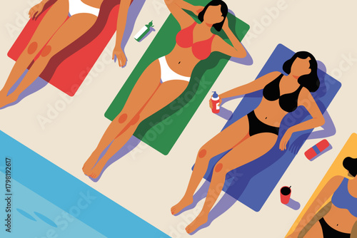Relaxing Summer Poolside Sunbathing with Friends in Vibrant Swimwear and Refreshing Drinks