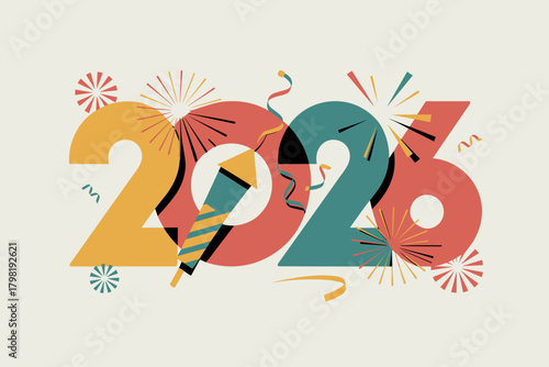 Festive New Year Celebration 2026 with Colorful Fireworks and Cheerful Confetti