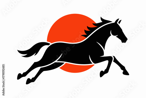 Dynamic Red Horse Racing Against a Bold Orange Sun in Minimalist Graphic Style