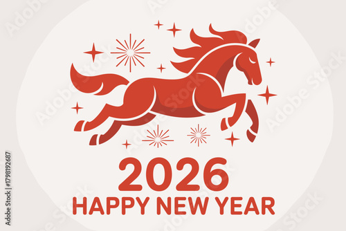 Vibrant 2026 New Year Celebration Featuring a Dynamic Red Horse Icon Surrounded by Festive Fireworks
