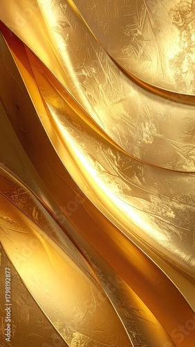 Abstract flowing golden waves with polished and textured metallic surfaces