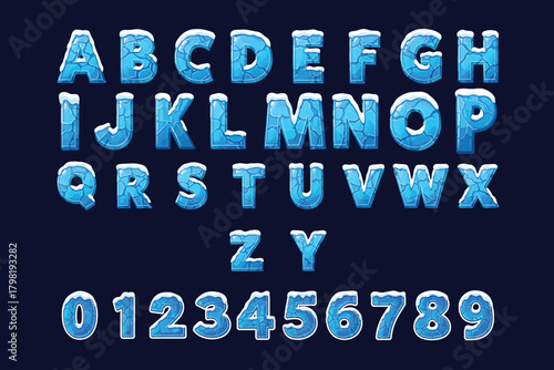 Icy alphabet and numbers with snow caps for winter themed designs