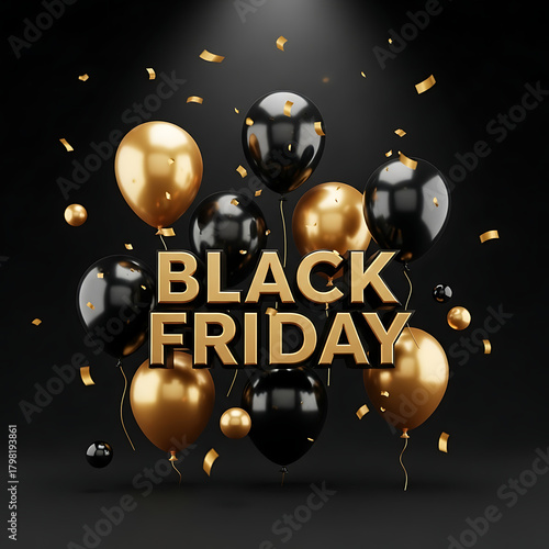 Golden letters celebrate Black Friday with balloons and confetti