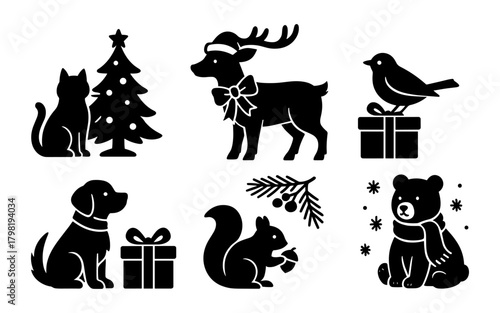 Christmas animals silhouettes icon, pets and gifts