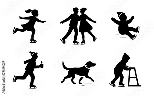 Ice skating silhouettes icon, winter fun