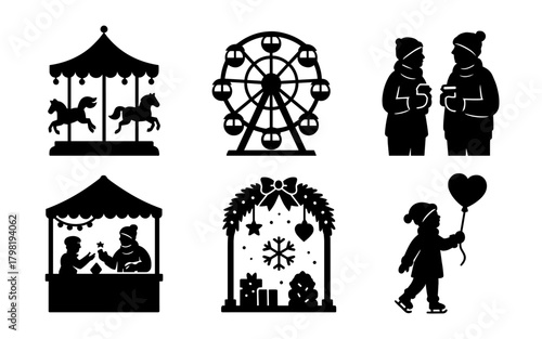 Christmas market silhouettes icon, fair and rides