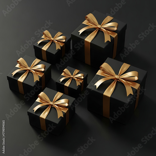 Black gift boxes with gold ribbons for holiday season