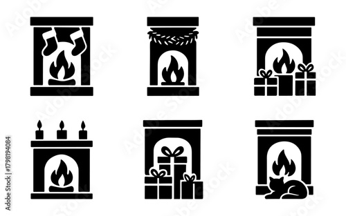 Cozy fireplace silhouettes icon, holiday hearth