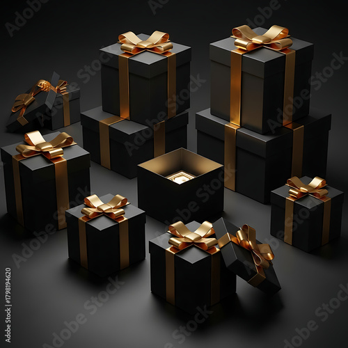 Black gift boxes with gold ribbons for holiday season