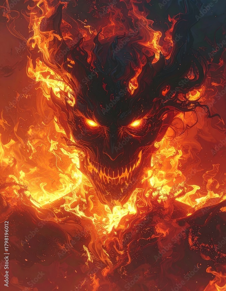 Fototapeta premium A demonic being engulfed in flames, featuring glowing eyes and a menacing grin