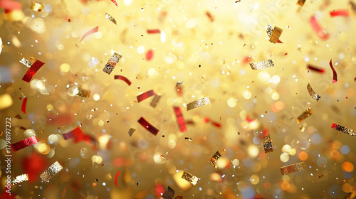 ゴールドとレッドの紙吹雪が舞う華やかな背景

