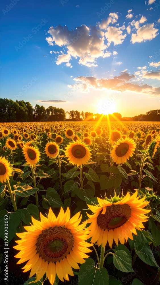 Fototapeta premium Vibrant sunflower field glowing during a beautiful, scenic, golden hour sunset