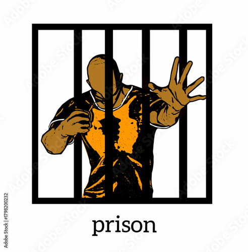 A muscular prisoner reaching through metal bars, illustrated in bold vector style with dramatic shading and strong expression.