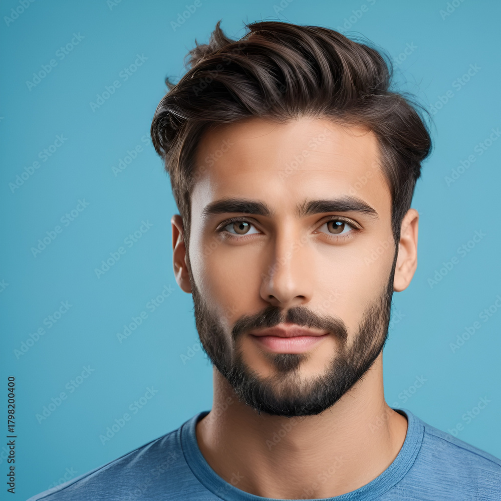 Obraz premium Closeup portrait of young handsome man with sidelong glance at right side. Trendy hairstyle, short accurate beard, classic official wear. Blue background, copy space for any text or objects.