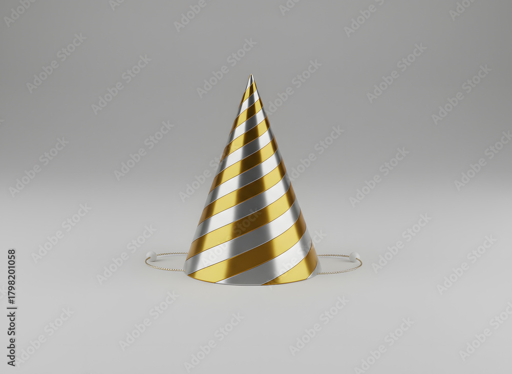 Fototapeta premium A detailed studio shot of a party hat with gold and silver stripes, isolated on a white background.