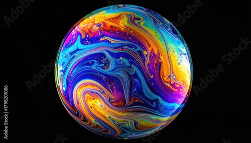 Fototapeta Naklejka Na Ścianę i Meble -  A vibrant, swirling sphere of psychedelic, iridescent colors on a black background