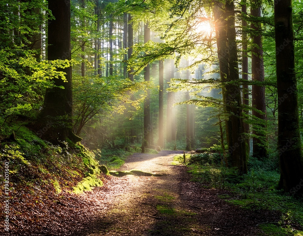 Obraz premium sunlight streams through a forest path