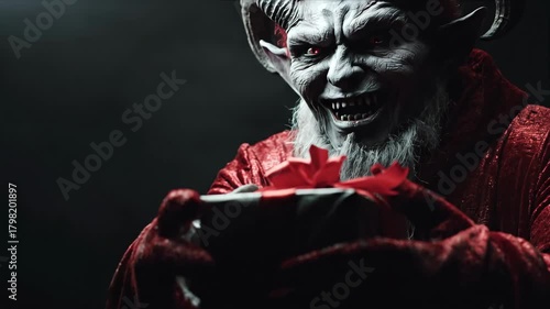 Demon man opening a gift box mischievously, revealing a sinister surprise for holiday horror concept