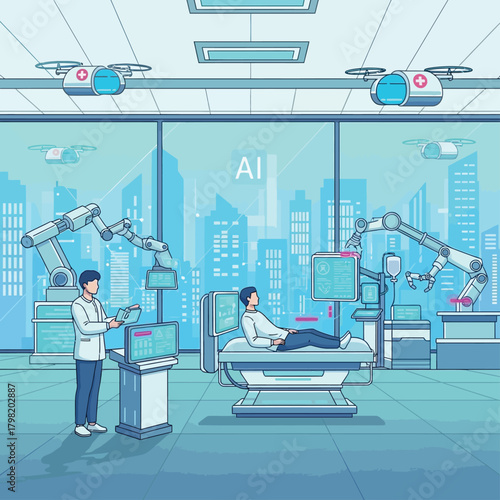Adobe Illustrator Artwork
AI-powered healthcare scene with robot doctor, medical data, futuristic hospital, vector style