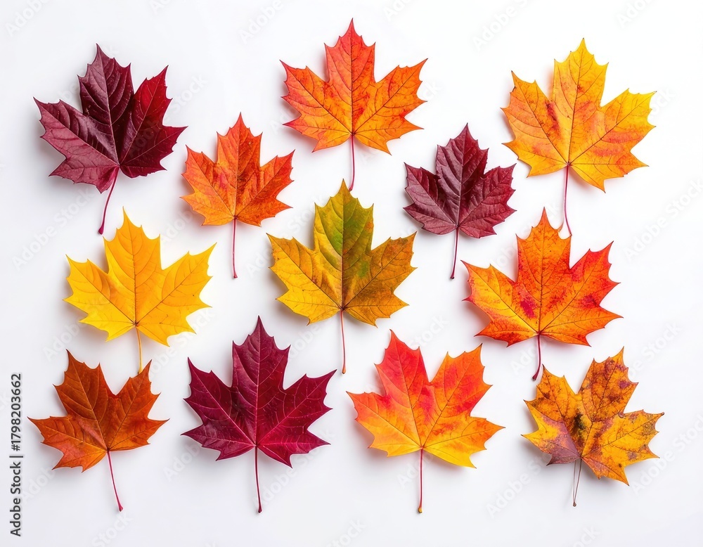 Fototapeta premium Vibrant autumn maple leaves in red, orange, and yellow on a white background