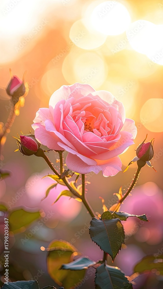 Obraz premium A delicate pink rose blooming in a garden, backlit by a warm, golden sunset