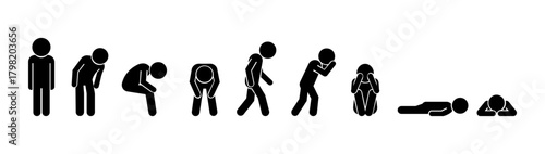 Stickman Sadness & Exhaustion Poses Collection – Emotional Black Silhouette Icons.