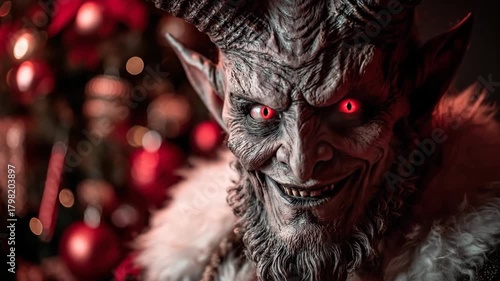 Close up of an evil Krampus creature with glowing red eyes and horns on a blurred Christmas background