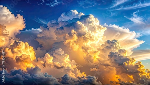 Golden sunlight illuminates majestic, billowing clouds against a deep blue sky