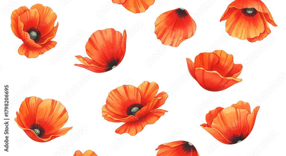 Fototapeta premium Vibrant orange poppy flowers in watercolor illustration, scattered across a white background creating a delicate floral pattern